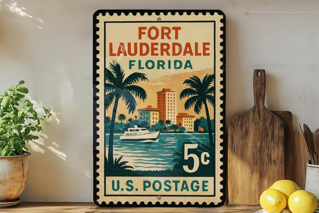 A vintage-style postage stamp from the United States Postal Service, featuring a tropical beach scene with palm trees, a boat, and buildings.