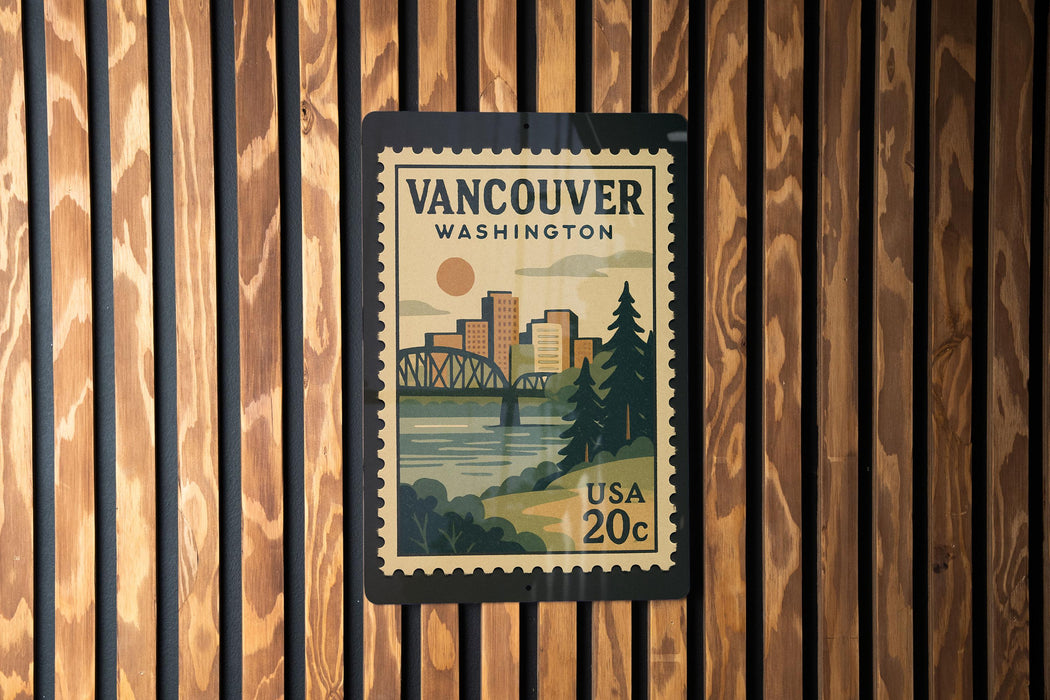 A postage stamp from the United States of America, featuring a cityscape and a bridge, is displayed on a wooden wall.