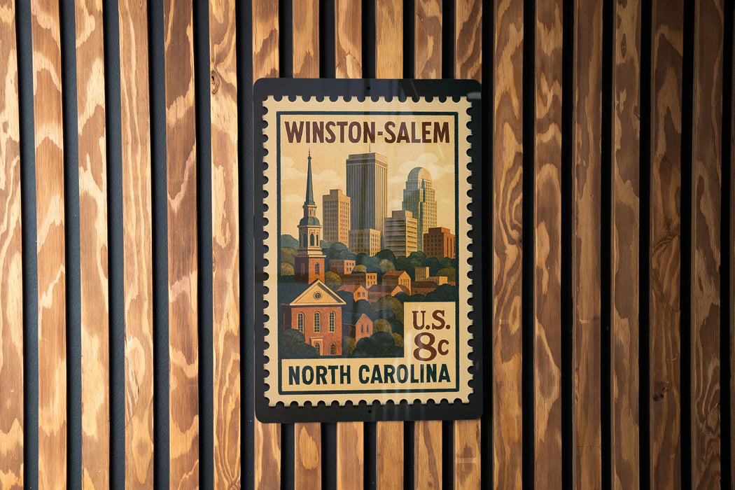 A postage stamp from Winston-Salem, North Carolina, featuring a cityscape and a church.