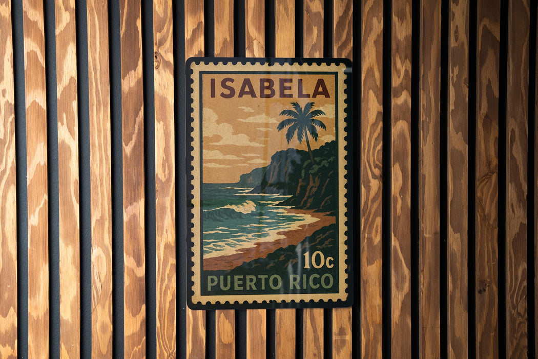 A vintage postage stamp from Puerto Rico featuring a tropical beach scene with palm trees and a cliff.