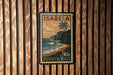 A vintage postage stamp from Puerto Rico featuring a tropical beach scene with palm trees and a cliff.