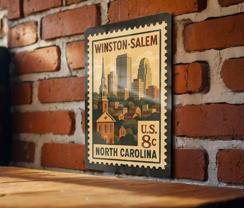 A vintage postage stamp from Winston-Salem, North Carolina, featuring a cityscape and a church, mounted on a brick wall.