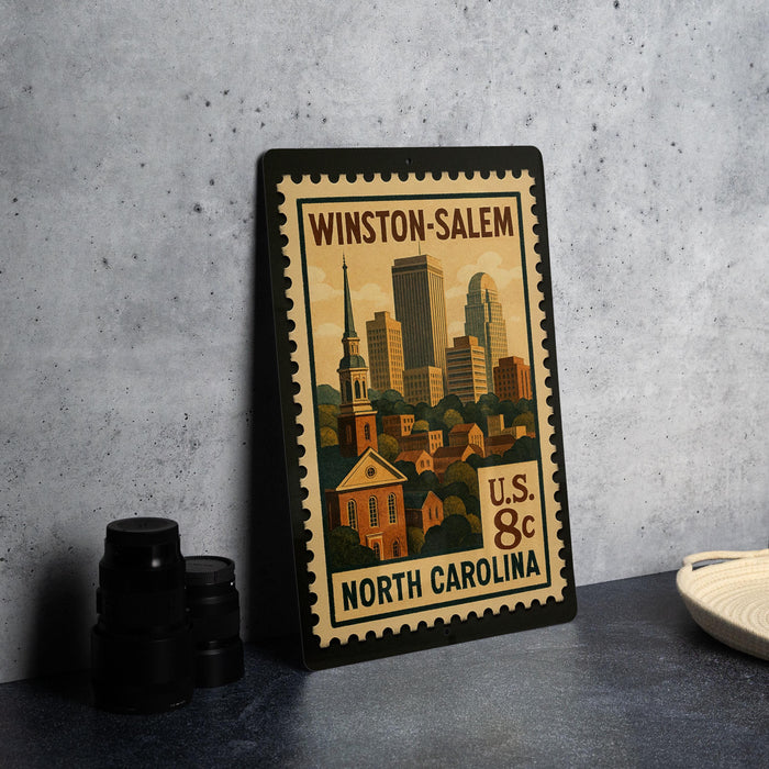A metal stamp depicting the Winston-Salem, North Carolina cityscape, with a black border and text indicating the location.