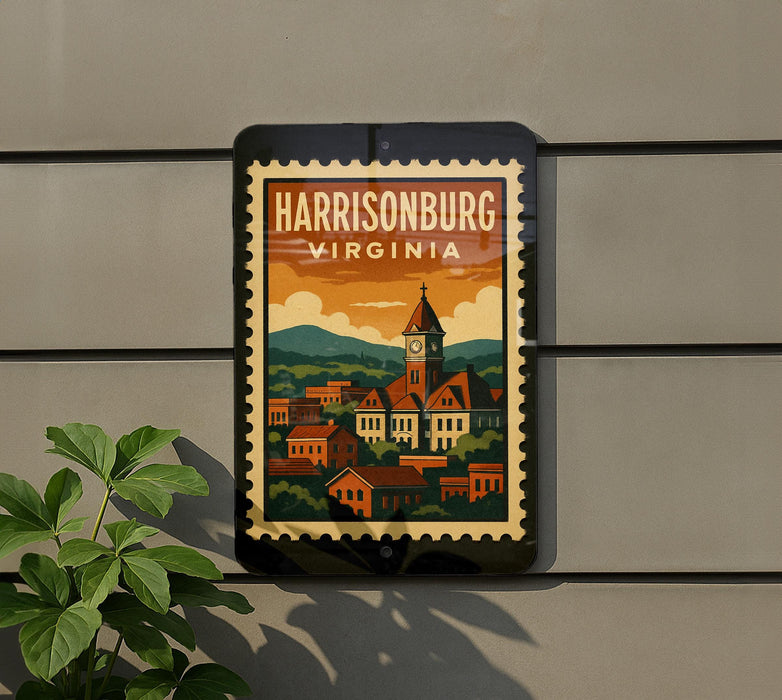 A vintage-style postage stamp depicting a town of Harrisonburg, Virginia, with a clock tower and buildings, is displayed on a wall.