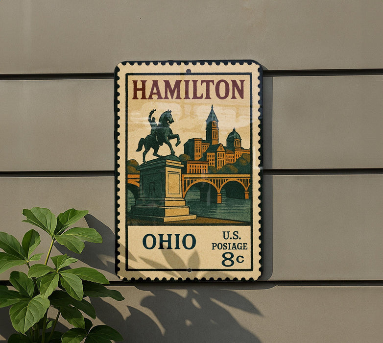 A vintage Hamilton postage stamp from the United States, featuring a statue of a man on a horse in front of a cityscape.