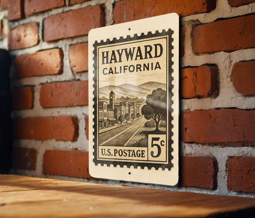 A vintage U.S. postage stamp from California, featuring a town scene, is mounted on a brick wall.