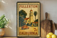 a vintage postage stamp from California, depicting a car driving on a road with a bell tower in the background.