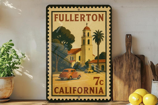 a vintage postage stamp from California, depicting a car driving on a road with a bell tower in the background.