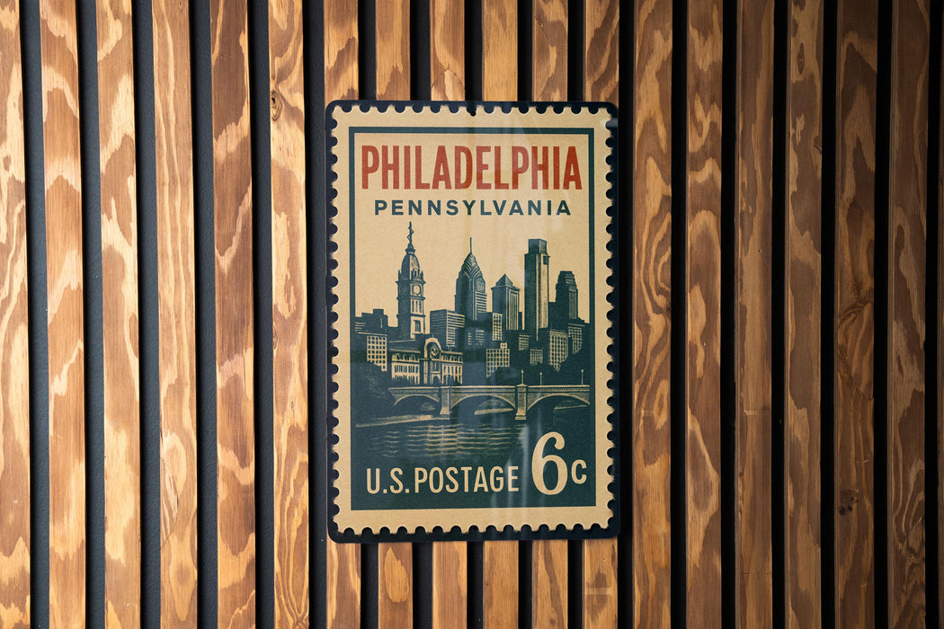 A vintage U.S. postage stamp from Philadelphia, Pennsylvania, featuring a cityscape and a bridge.