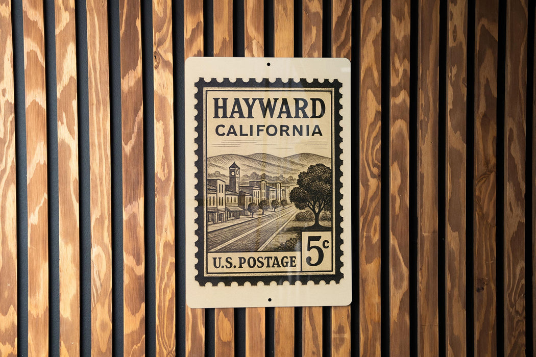 A U.S. postage stamp from California, featuring a street scene and mountains, is displayed on a wooden wall.