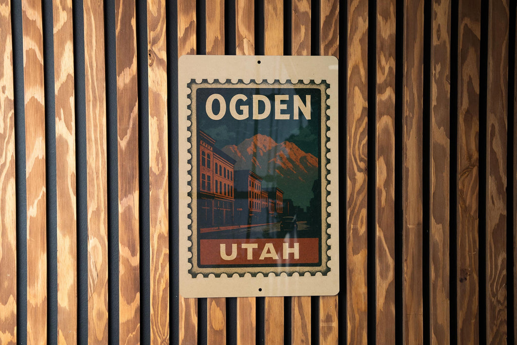 A vintage-style sign with the word "OGDEN" and "UTAH" printed on it, mounted on a wooden wall.