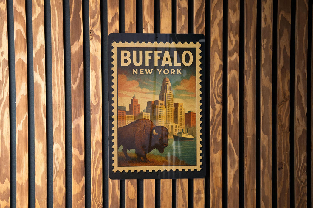 A vintage-style stamp depicting a buffalo in the foreground, with a cityscape in the background, is displayed on a wooden wall.