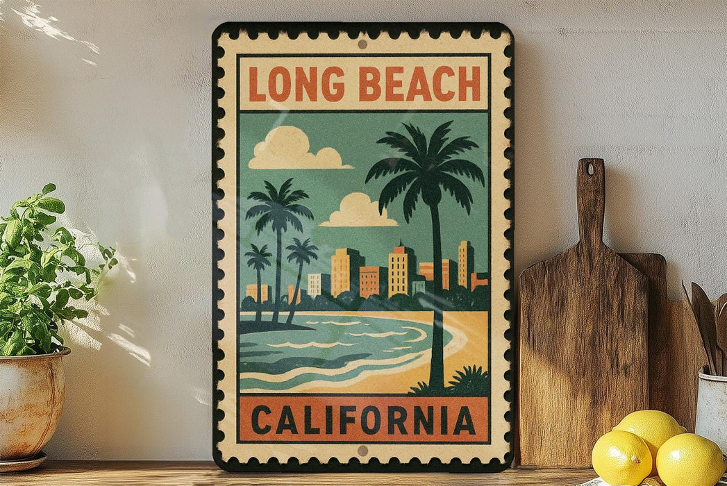 A vintage-style metal sign with a tropical beach scene and palm trees, featuring the text "LONG BEACH CALIFORNIA" in the center.