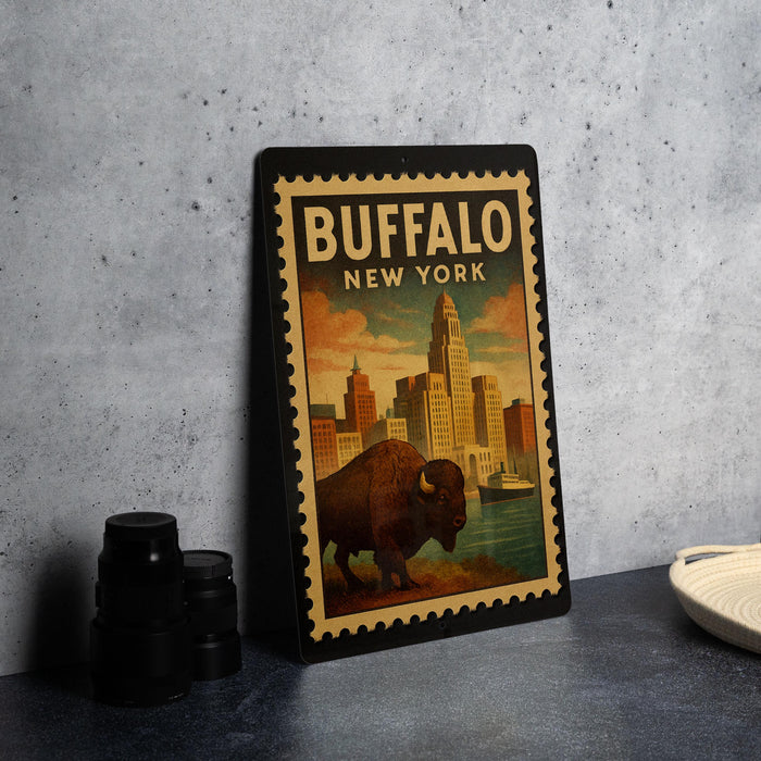 A framed poster of Buffalo, New York, featuring an illustration of a buffalo in the foreground with a cityscape in the background.