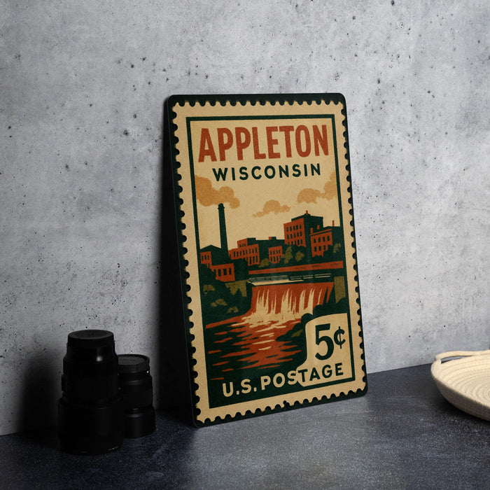 A vintage postage stamp from Wisconsin, featuring an illustration of a cityscape and a waterfall, placed on a table next to some black camera lenses.