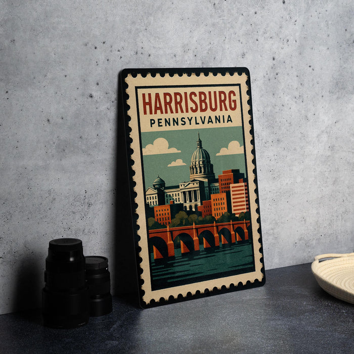 A framed poster of Harrisburg, Pennsylvania, featuring an illustration of the city skyline and a bridge.
