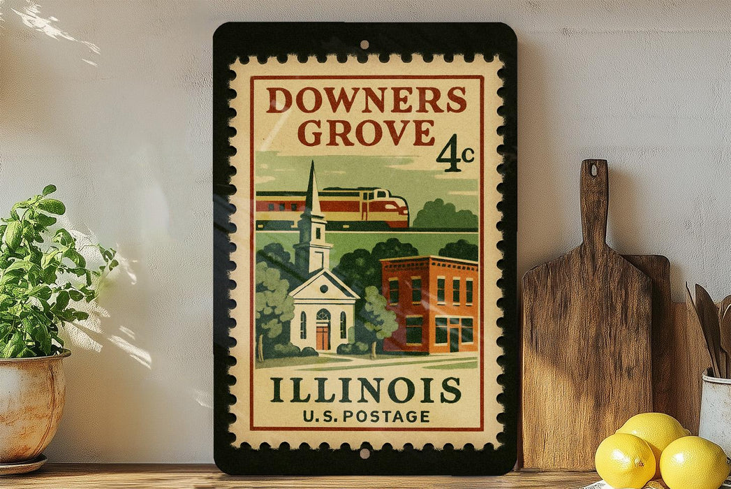 A vintage postage stamp from Illinois, featuring a church and a train, is displayed on a shelf next to a wooden cutting board and a potted plant.