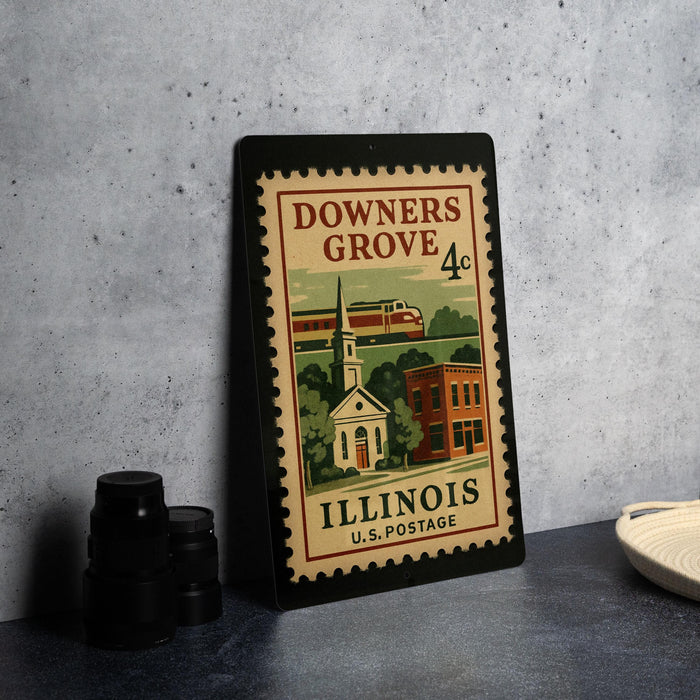 A vintage postage stamp from Illinois, featuring a church and buildings, is displayed on a table.