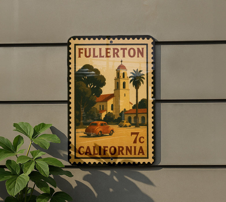 a vintage postage stamp from California, depicting a car and a bell tower, mounted on a wall.