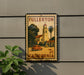 a vintage postage stamp from California, depicting a car and a bell tower, mounted on a wall.