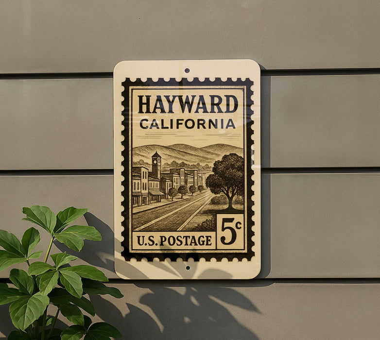 A vintage-style postage stamp from the United States, featuring an illustration of a town in California with a road and buildings, mounted on a wall.