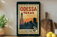 A vintage-style postage stamp from Odessa, Texas, featuring a silhouette of a tower and a sunset in the background.