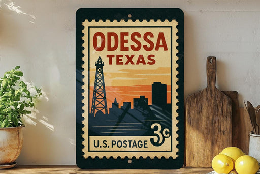 A vintage-style postage stamp from Odessa, Texas, featuring a silhouette of a tower and a sunset in the background.