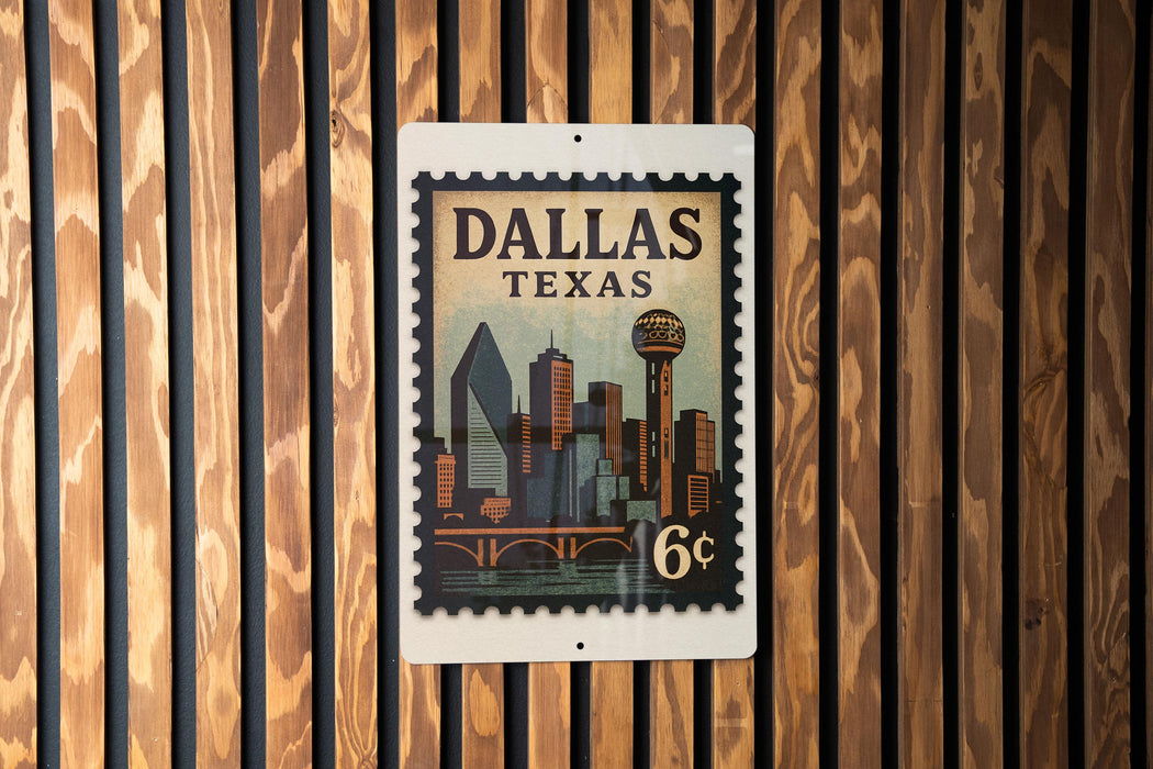 A vintage-style postage stamp from Dallas, Texas, featuring the city's skyline and a bridge.