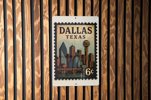 A vintage-style postage stamp from Dallas, Texas, featuring the city's skyline and a bridge.