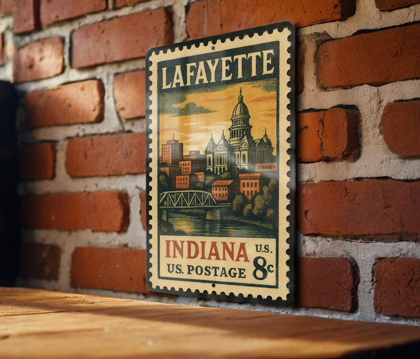A vintage postage stamp from Lafayette, Indiana, featuring a cityscape and a bridge, is displayed on a brick wall.