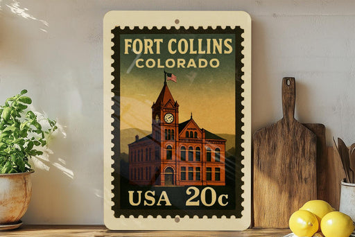 A framed vintage-style stamp depicting the Fort Collins, Colorado, United States, with a clock tower and a building, placed on a shelf next to a wooden cutting board and some lemons.