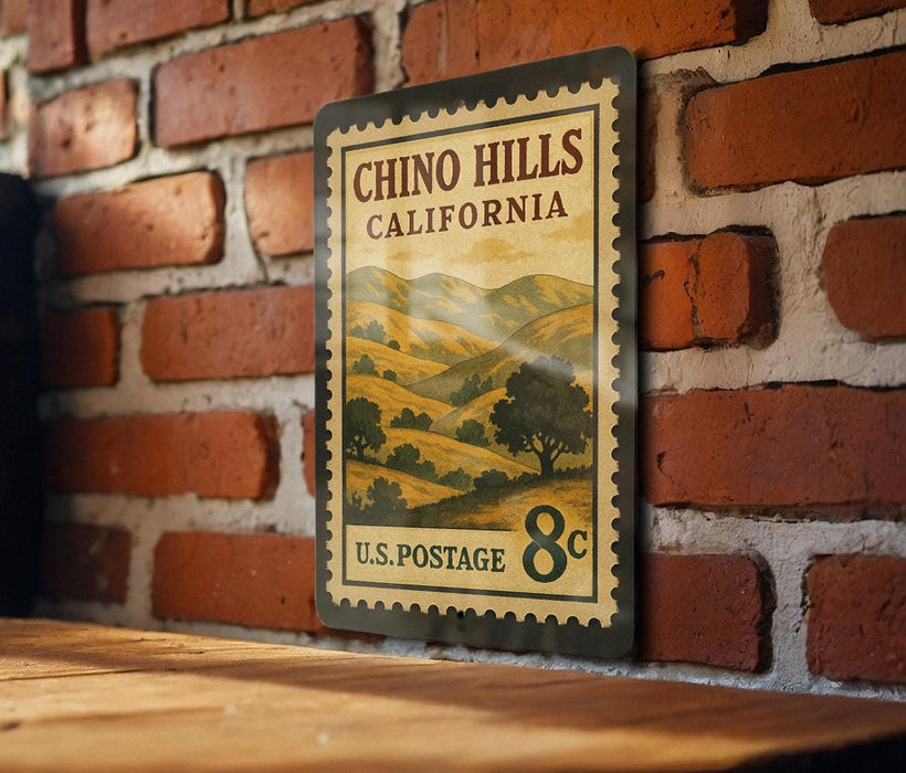 A vintage postage stamp from the United States, featuring a scenic landscape of hills and mountains, is displayed on a brick wall.