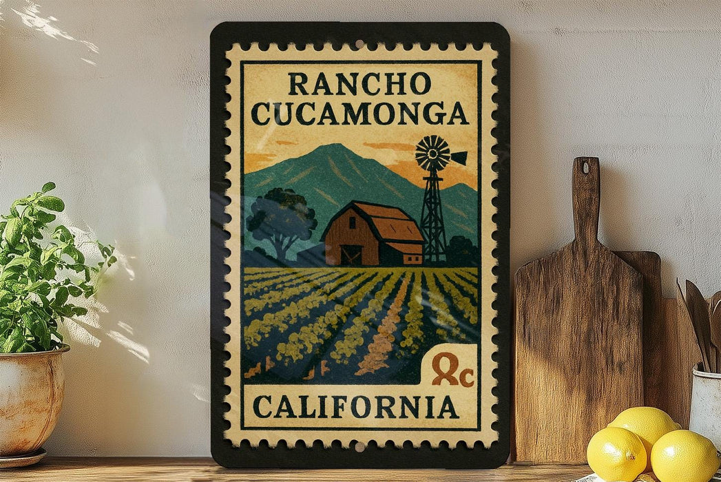 A framed vintage-style stamp depicting a rural landscape with a barn, windmill, and fields, along with the text "RANCHO CUCAMONGA CALIFORNIA".