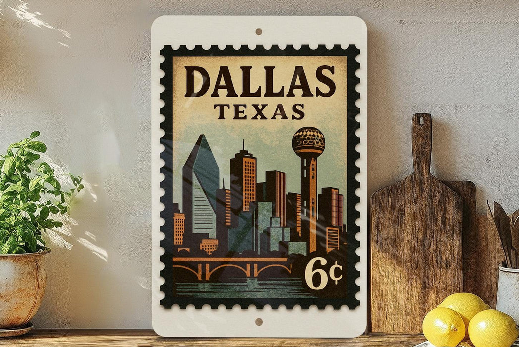 A vintage-style postage stamp depicting the skyline of Dallas, Texas, with the text "DALLAS TEXAS" prominently displayed.
