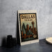 A framed postage stamp depicting the city of Dallas, Texas, with a skyline and a bridge.