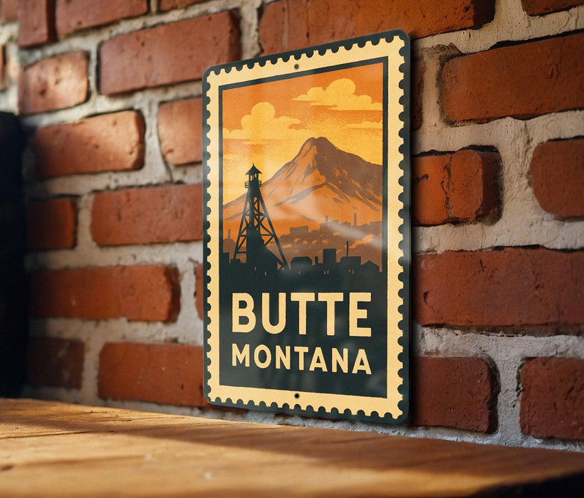 A metal sign with the text "BUTTE MONTANA" and an illustration of a mountain and a tower, mounted on a brick wall.