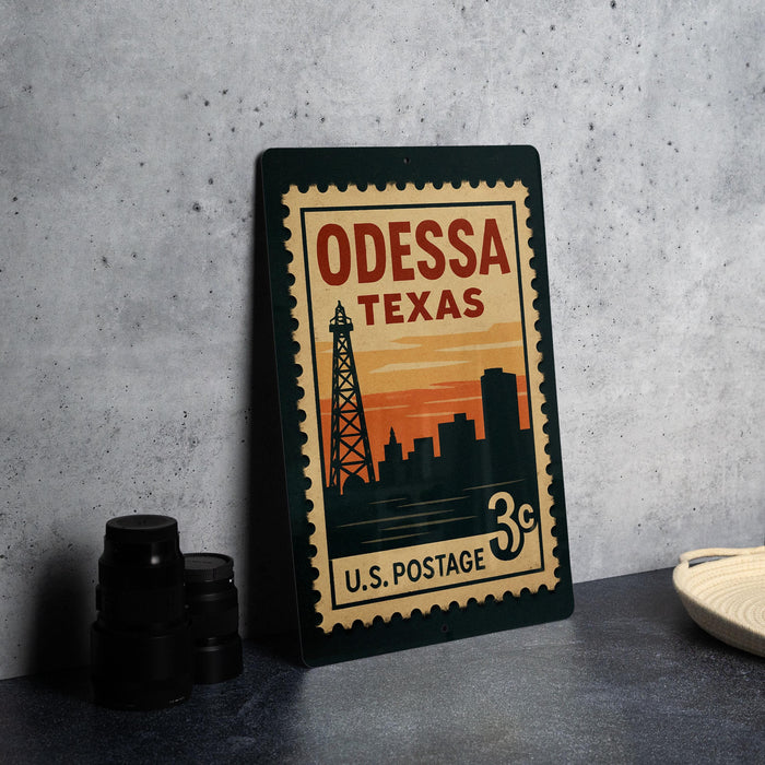 A vintage-style stamp from the United States Postal Service (U.S. Postage) depicting the city of Odessa, Texas, with a silhouette of the city skyline and a tower.
