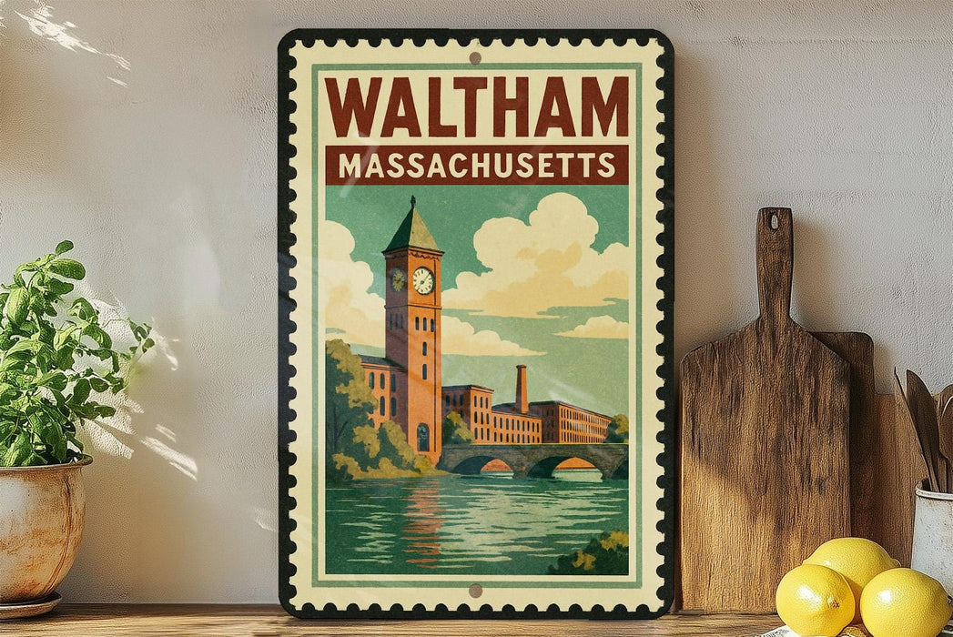 A framed vintage-style poster of Waltham, Massachusetts, featuring a clock tower and a river, is displayed on a wall next to a wooden cutting board and a potted plant.