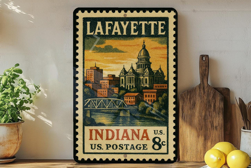 A vintage postage stamp from Lafayette, Indiana, depicting the cityscape and a bridge, is displayed on a shelf next to a wooden cutting board and some lemons.