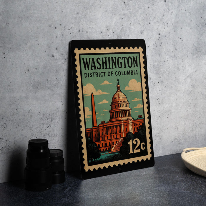 A vintage Washington, D.C. postage stamp featuring the Capitol building and the Washington Monument, with the denomination of 12 cents.