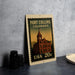 A metal sign with a vintage-style illustration of a building and a clock, featuring the text "Fort Collins, Colorado" and "USA 20c" printed on it.
