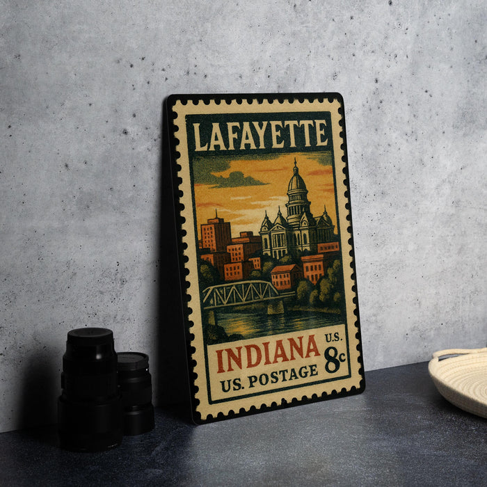 A vintage postage stamp from Lafayette, Indiana, featuring an illustration of the city skyline and a bridge.