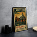 A vintage postage stamp from Lafayette, Indiana, featuring an illustration of the city skyline and a bridge.