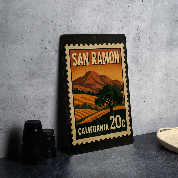 A framed vintage postage stamp from San Ramon, California, depicting a scenic landscape with mountains and a tree.