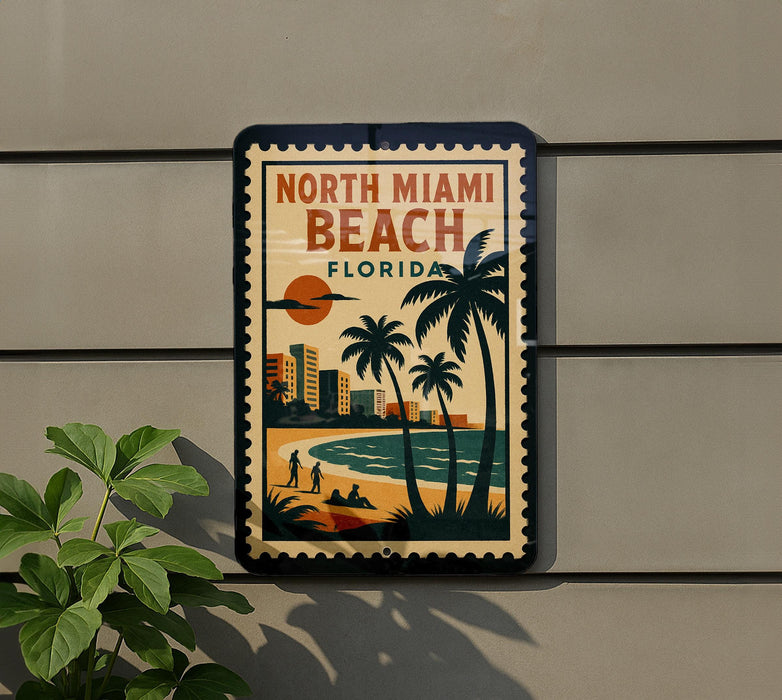 A vintage-style poster of North Miami Beach, Florida, featuring palm trees, a beach scene, and a sunset.