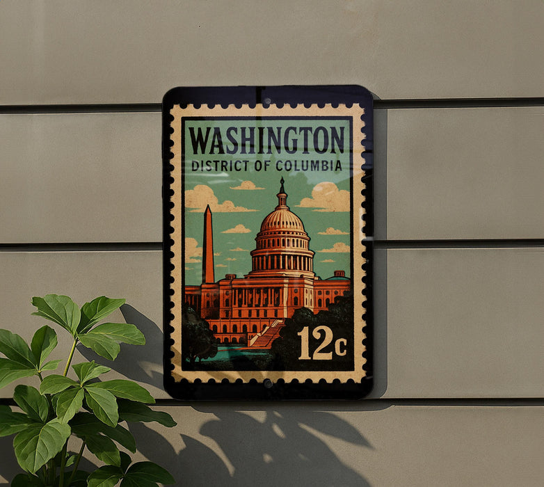 A vintage-style postage stamp featuring the Washington, D.C. District of Columbia, with the iconic United States Capitol building in the background.