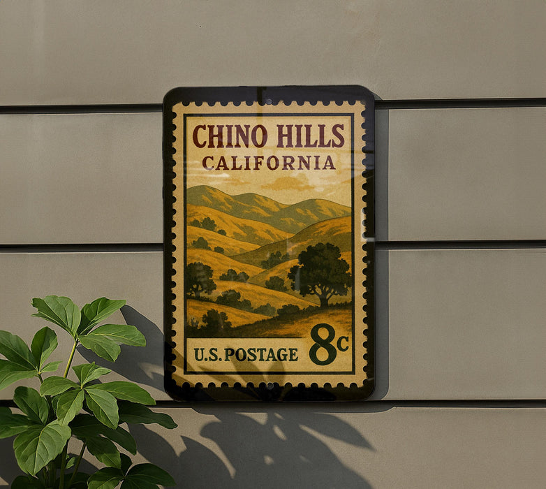 A framed postage stamp from California, featuring a scenic landscape of hills and trees, is displayed on a wall.