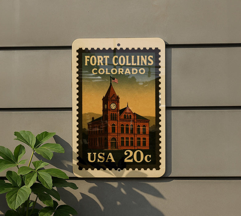 A 20c postage stamp from Fort Collins, Colorado, featuring a building with a clock tower.