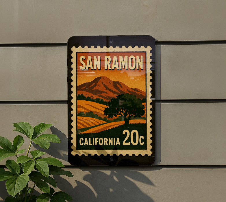 A vintage-style postage stamp from San Ramon, California, featuring a landscape with mountains and a tree, mounted on a wall.