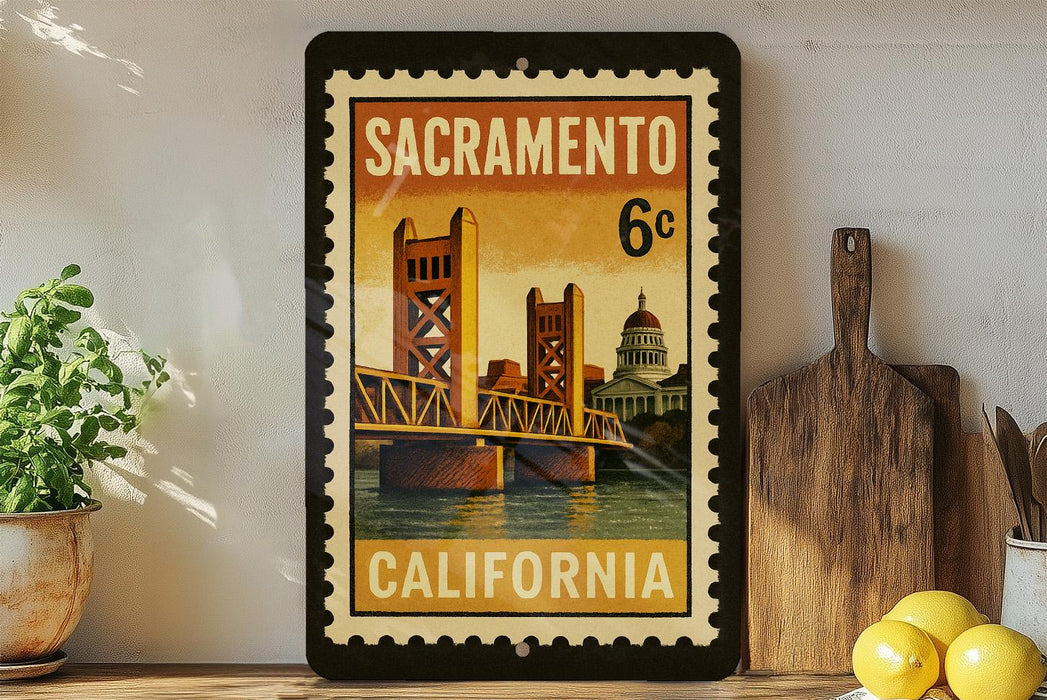 A framed vintage postage stamp from Sacramento, California, featuring the iconic Golden Gate Bridge and the state's capitol building.